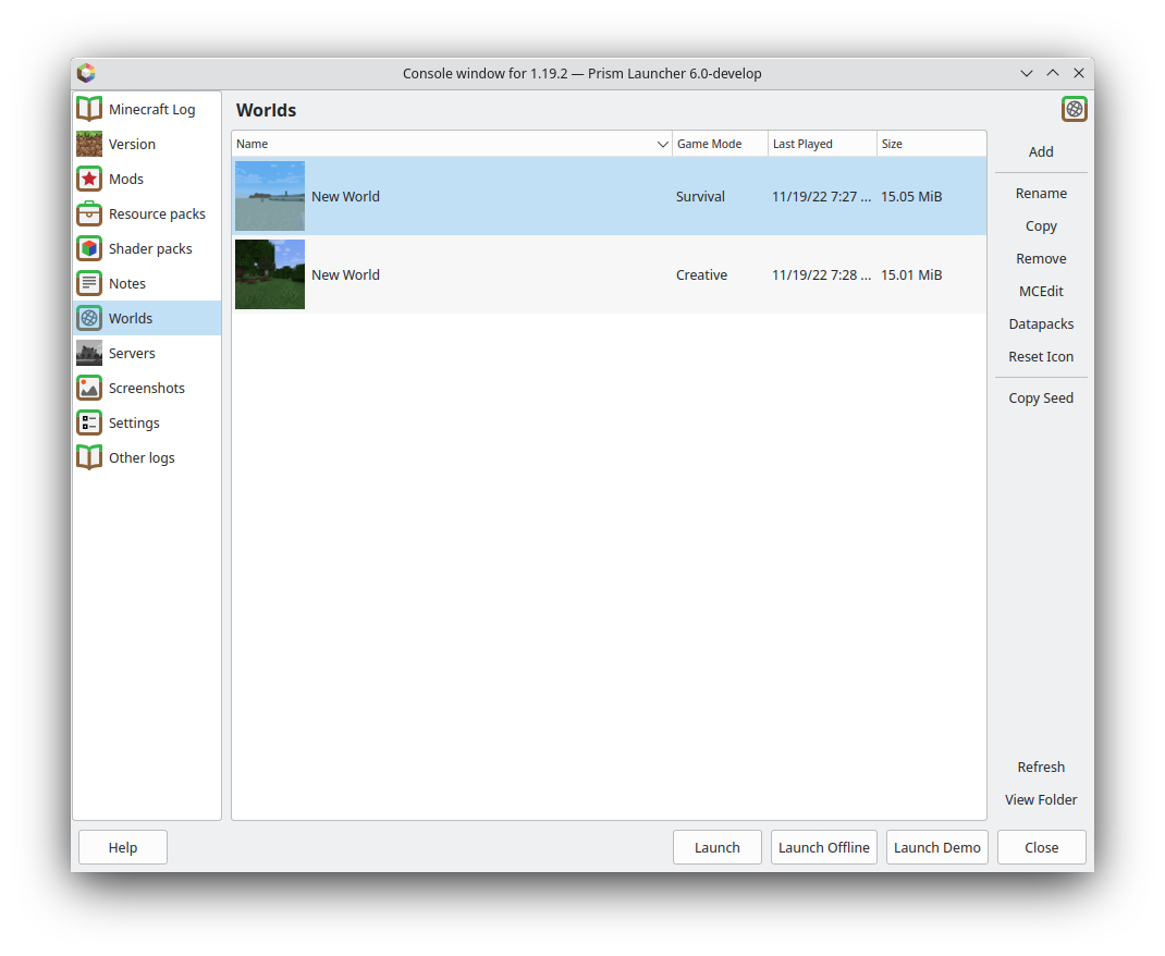 Worlds tab under PrismLauncher Instances